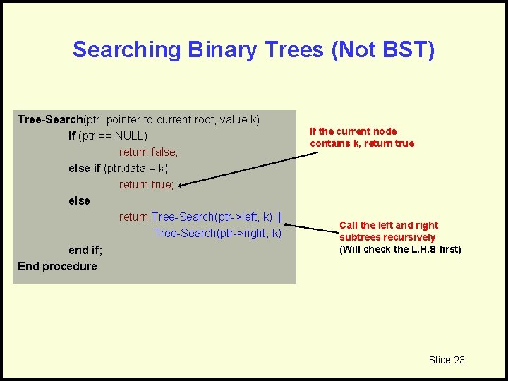 Searching Binary Trees (Not BST) Tree-Search(ptr pointer to current root, value k) if (ptr