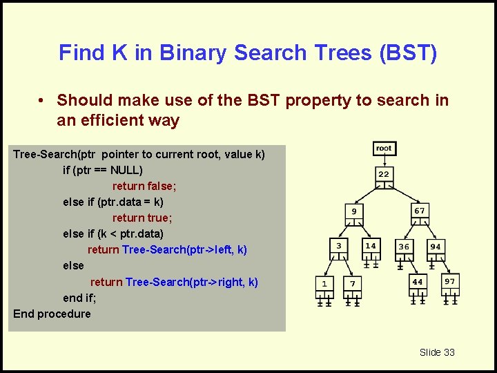 Find K in Binary Search Trees (BST) • Should make use of the BST