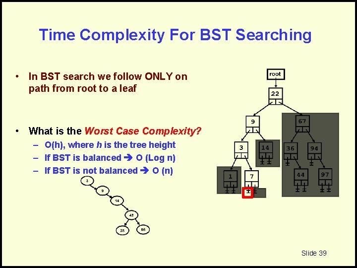 Time Complexity For BST Searching • In BST search we follow ONLY on path