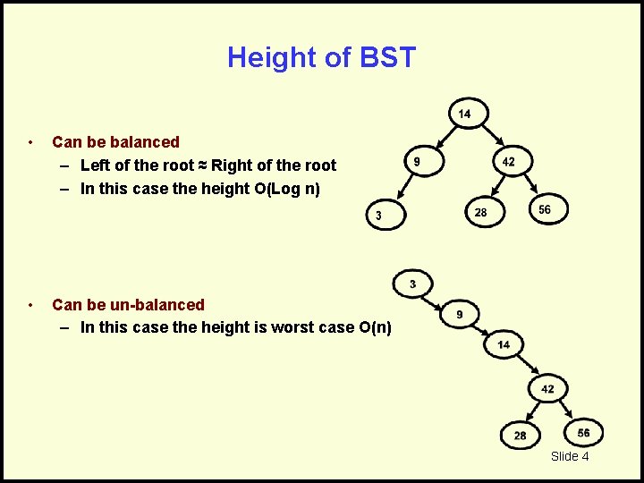 Height of BST • Can be balanced – Left of the root ≈ Right