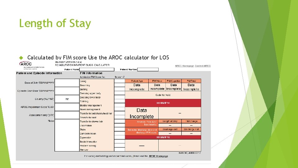 Length of Stay Calculated by FIM score Use the AROC calculator for LOS 