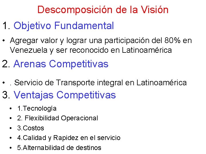 Descomposición de la Visión 1. Objetivo Fundamental • Agregar valor y lograr una participación