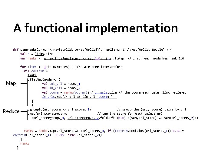 A functional implementation def pagerank(links: Array[(Url. Id, Array[Url. Id])], num. Iters: Int): Map[Url. Id,