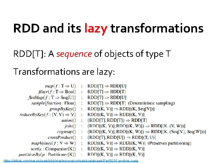 RDD and its lazy transformations RDD[T]: A sequence of objects of type T Transformations