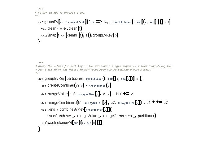  /** * Return an RDD of grouped items. */ [ def group. By