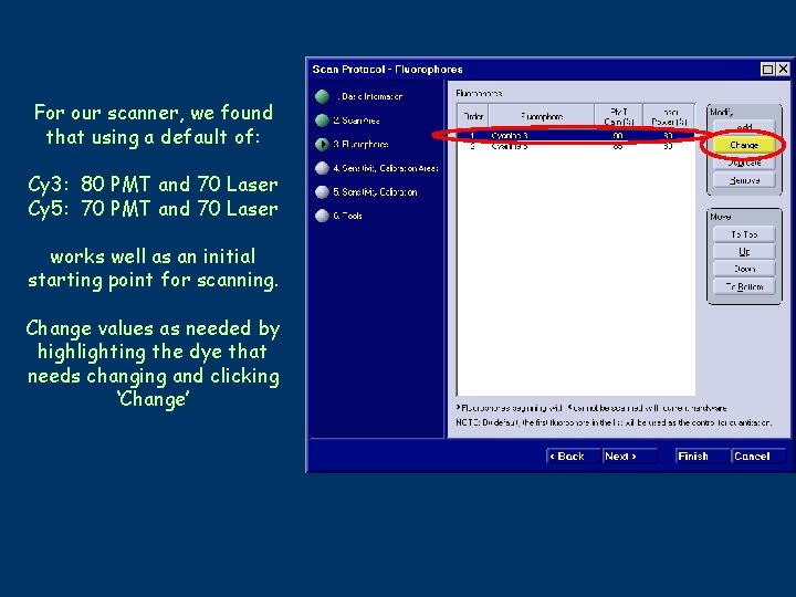 For our scanner, we found that using a default of: Cy 3: 80 PMT