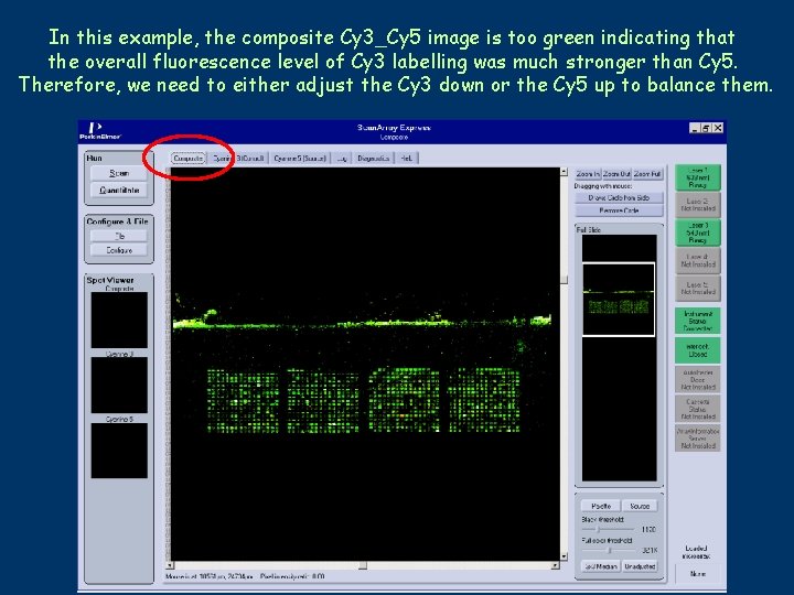 In this example, the composite Cy 3_Cy 5 image is too green indicating that