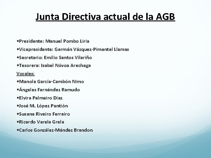 Junta Directiva actual de la AGB • Presidente: Manuel Pombo Liria • Vicepresidente: Germán