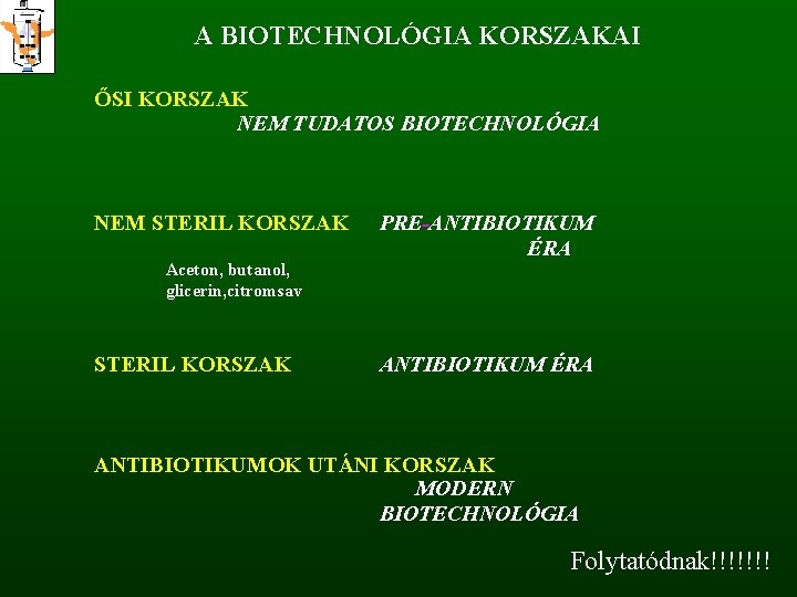 A BIOTECHNOLÓGIA KORSZAKAI ŐSI KORSZAK NEM TUDATOS BIOTECHNOLÓGIA NEM STERIL KORSZAK Aceton, butanol, glicerin,