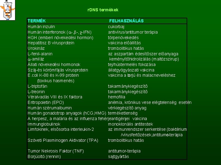 r. DNS termékek TERMÉK FELHASZNÁLÁS Humán inzulin cukorbaj Humán interferonok ( a-, b-, c-IFN)