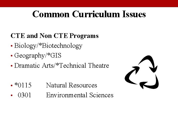 Common Curriculum Issues CTE and Non CTE Programs • Biology/*Biotechnology • Geography/*GIS • Dramatic