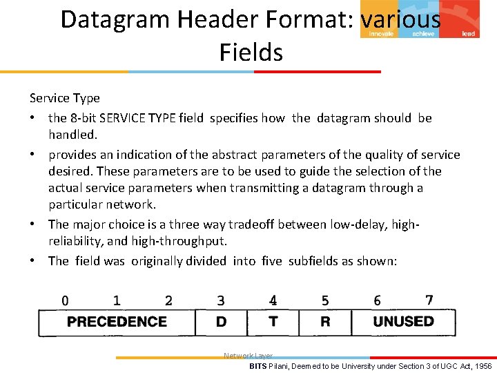 Datagram Header Format: various Fields Service Type • the 8 -bit SERVICE TYPE field