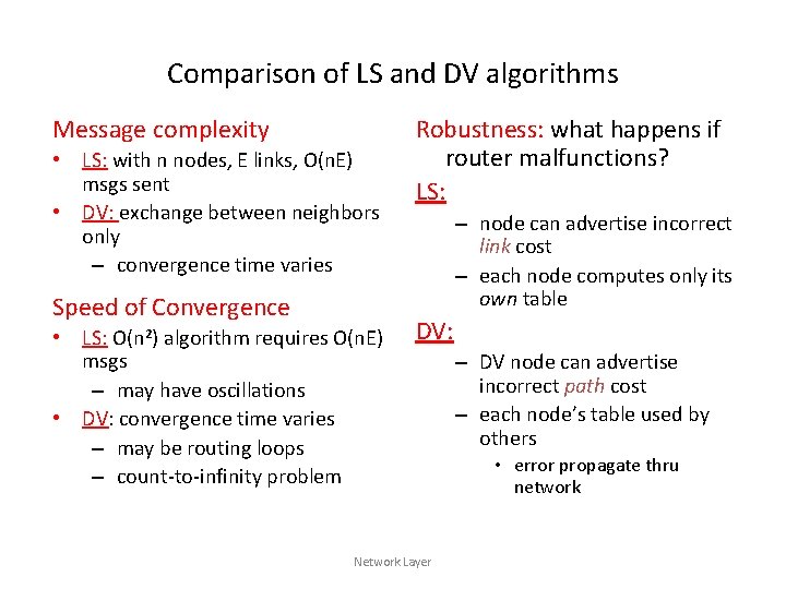 Comparison of LS and DV algorithms Message complexity • LS: with n nodes, E