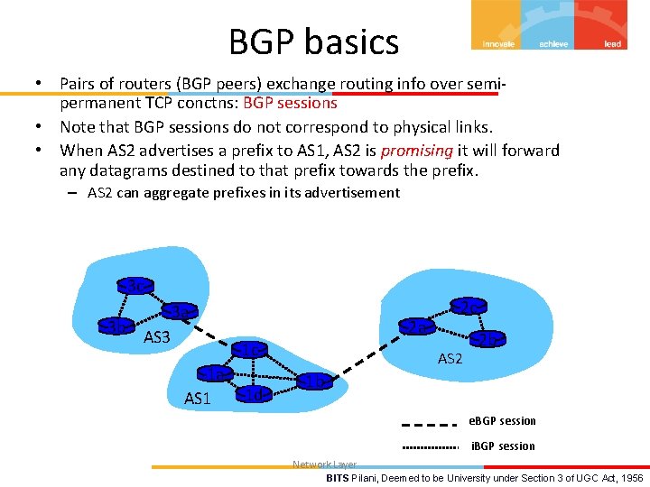 BGP basics • Pairs of routers (BGP peers) exchange routing info over semipermanent TCP