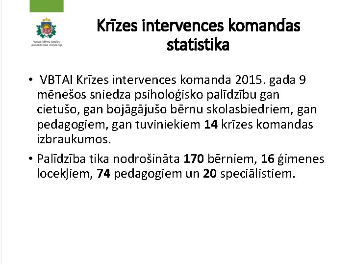 Krīzes intervences komandas statistika • VBTAI Krīzes intervences komanda 2015. gada 9 mēnešos sniedza