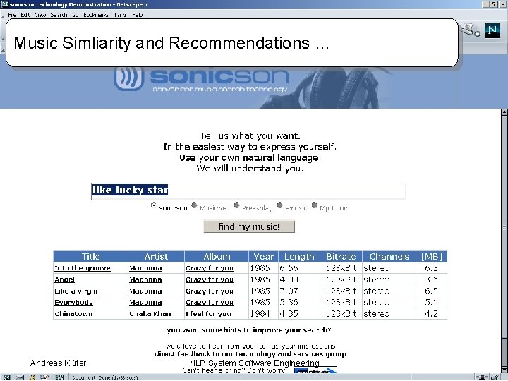 Music Simliarity and Recommendations … Andreas Klüter NLP System Software Engineering Chennai, 17. /18.