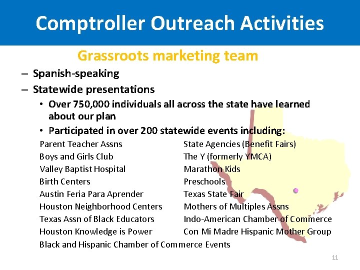 Comptroller Outreach Activities Grassroots marketing team – Spanish-speaking – Statewide presentations • Over 750,