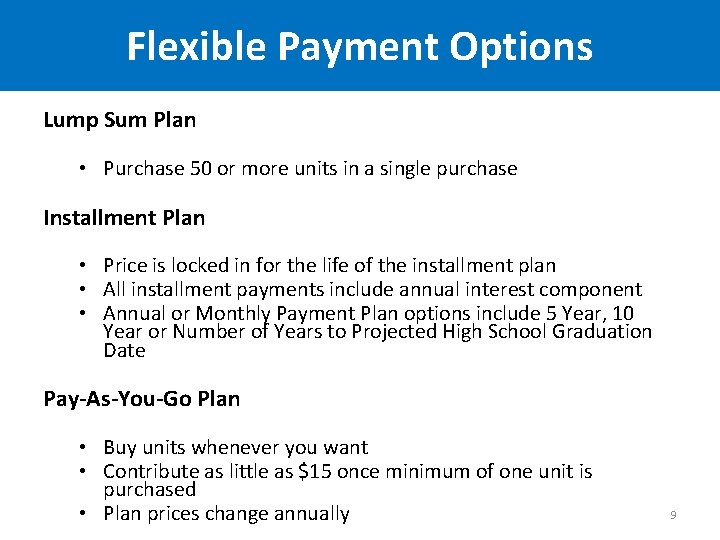 Flexible Payment Options Lump Sum Plan • Purchase 50 or more units in a