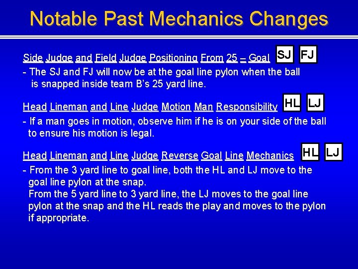 Notable Past Mechanics Changes Side Judge and Field Judge Positioning From 25 – Goal