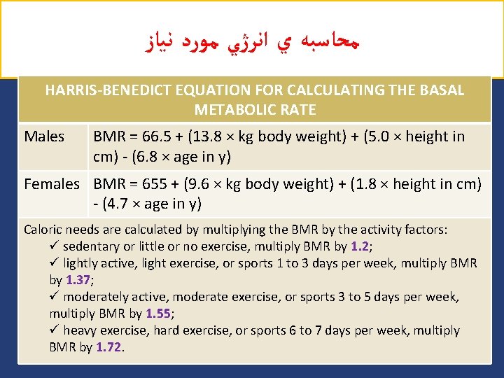  ﻣﺤﺎﺳﺒﻪ ﻱ ﺍﻧﺮژﻲ ﻣﻮﺭﺩ ﻧﻴﺎﺯ HARRIS-BENEDICT EQUATION FOR CALCULATING THE BASAL METABOLIC RATE