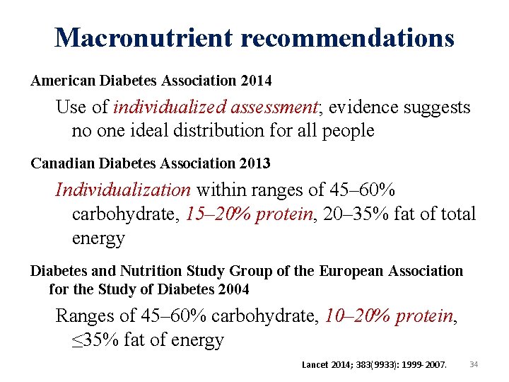 Macronutrient recommendations American Diabetes Association 2014 Use of individualized assessment; evidence suggests no one