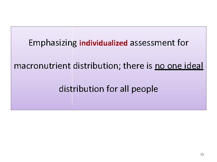 Emphasizing individualized assessment for macronutrient distribution; there is no one ideal distribution for all