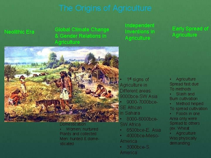 The Origins of Agriculture Neolithic Era • Aka “new stone Age” • Early stages