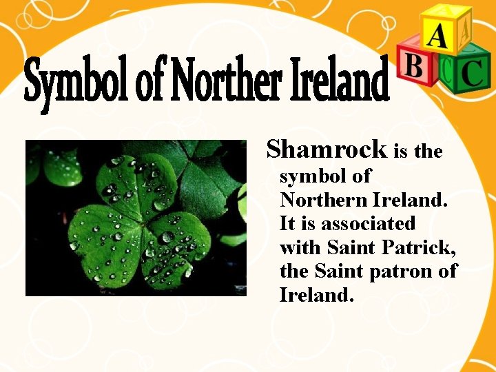 Shamrock is the symbol of Northern Ireland. It is associated with Saint Patrick, the