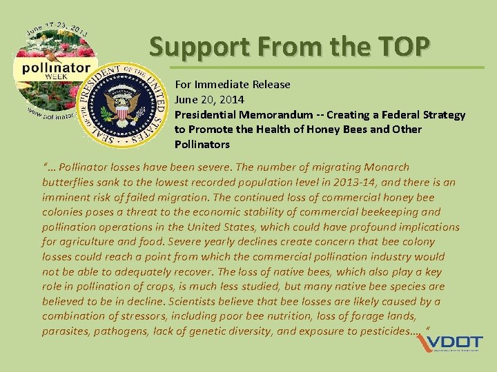 Support From the TOP For Immediate Release June 20, 2014 Presidential Memorandum -- Creating