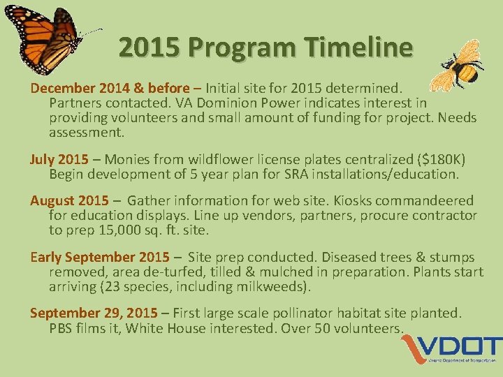 2015 Program Timeline December 2014 & before – Initial site for 2015 determined. Partners