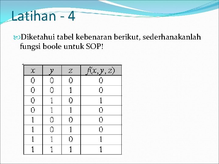 Latihan - 4 Diketahui tabel kebenaran berikut, sederhanakanlah fungsi boole untuk SOP! 