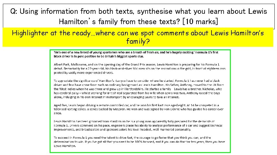 Q: Using information from both texts, synthesise what you learn about Lewis Hamilton’s family