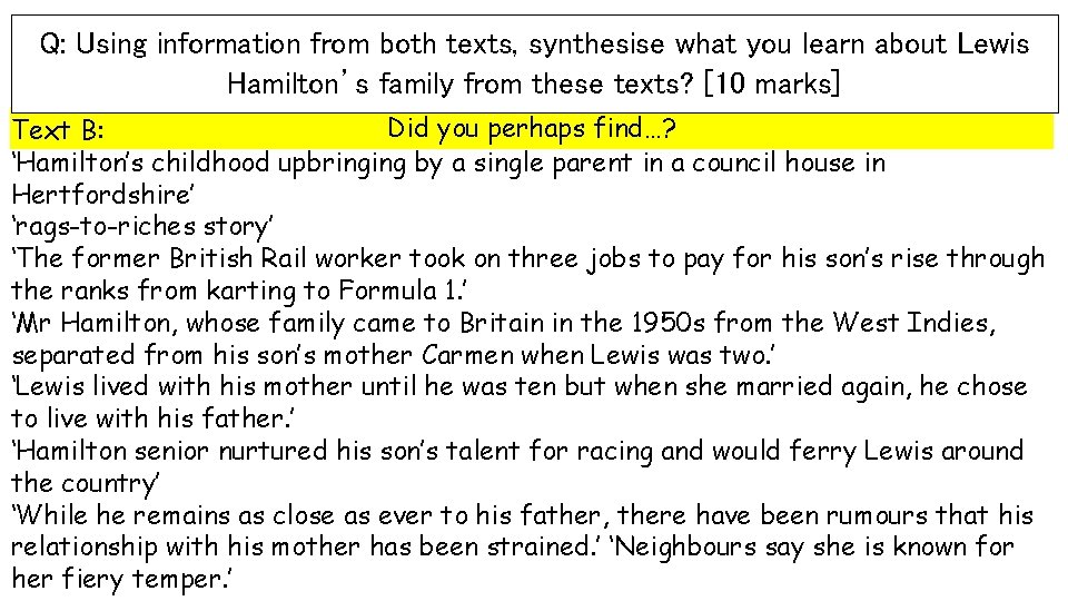 Q: Using information from both texts, synthesise what you learn about Lewis Hamilton’s family