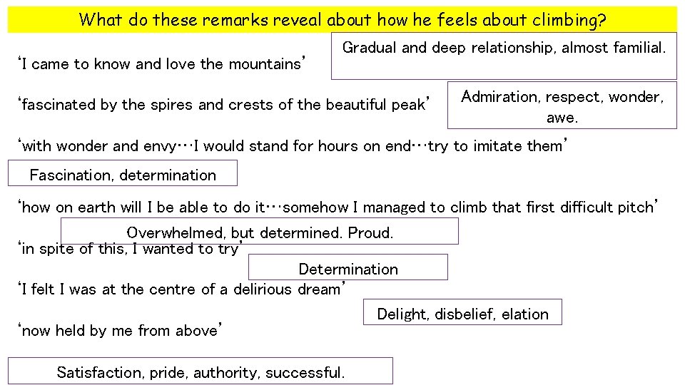 What do these remarks reveal about how he feels about climbing? ‘I came to