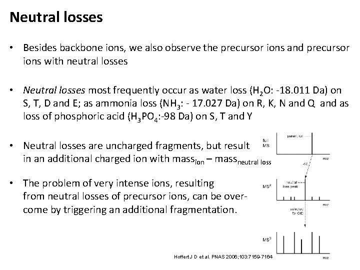 Neutral losses • Besides backbone ions, we also observe the precursor ions and precursor