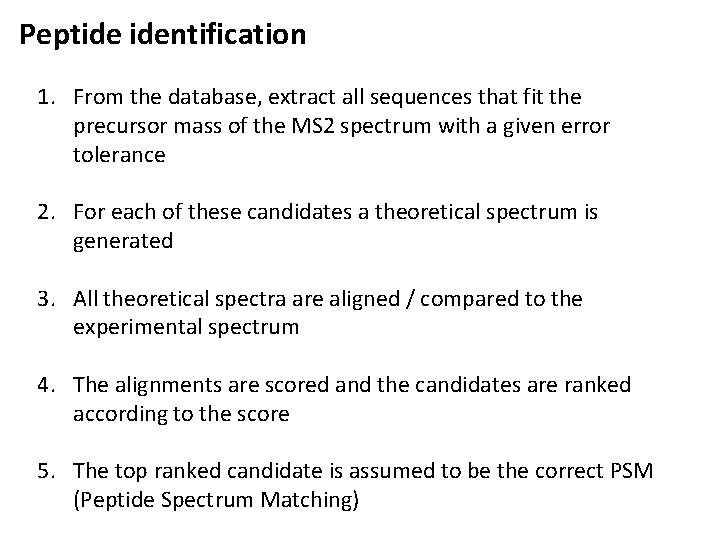 Peptide identification 1. From the database, extract all sequences that fit the precursor mass