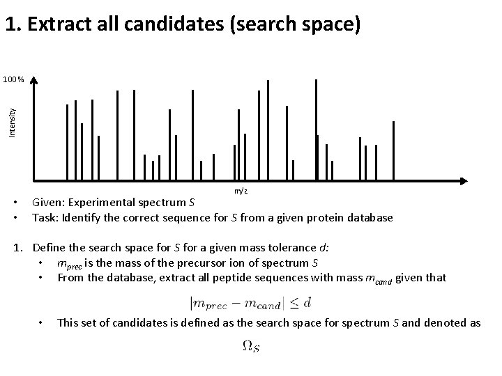 1. Extract all candidates (search space) Intensity 100 % • • m/z Given: Experimental