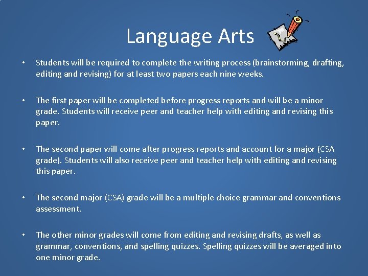 Language Arts • Students will be required to complete the writing process (brainstorming, drafting,