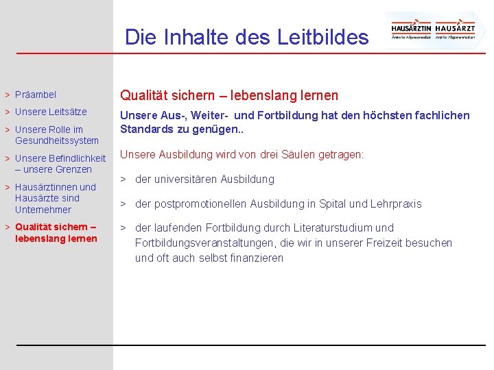 Die Inhalte des Leitbildes > Präambel Qualität sichern – lebenslang lernen > Unsere Leitsätze