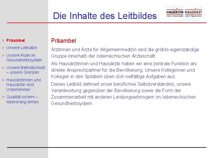 Die Inhalte des Leitbildes > Präambel > Unsere Leitsätze Ärztinnen und Ärzte für Allgemeinmedizin Die Inhalte des Leitbildes > Präambel > Unsere Leitsätze Ärztinnen und Ärzte für Allgemeinmedizin