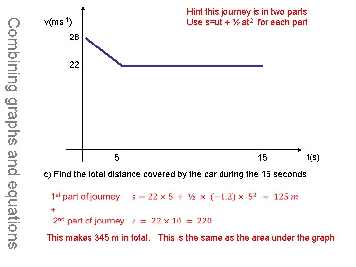 Combining graphs and equations Hint this journey is in two parts Use s=ut +