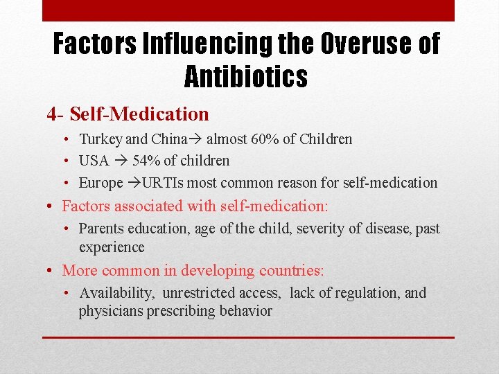 Factors Influencing the Overuse of Antibiotics 4 - Self-Medication • Turkey and China almost