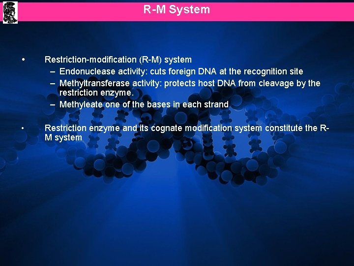 R-M System Restriction-modification (R-M) system – Endonuclease activity: cuts foreign DNA at the recognition