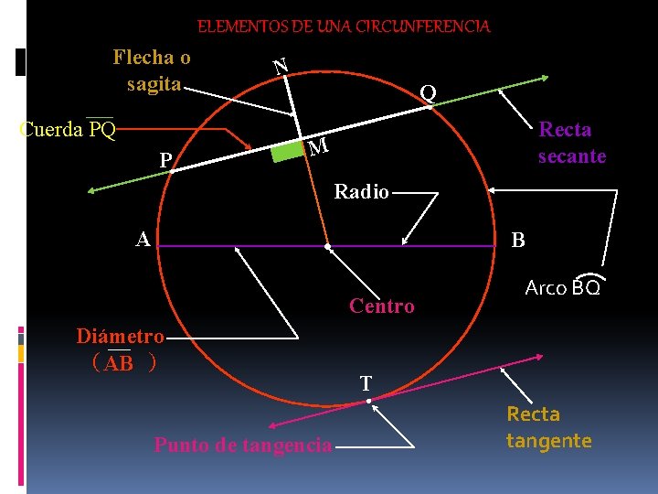 ELEMENTOS DE UNA CIRCUNFERENCIA Flecha o sagita N Q Cuerda PQ P Recta secante