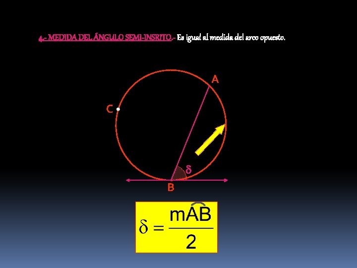 4. - MEDIDA DEL ÁNGULO SEMI-INSRITO. - Es igual al medida del arco opuesto.