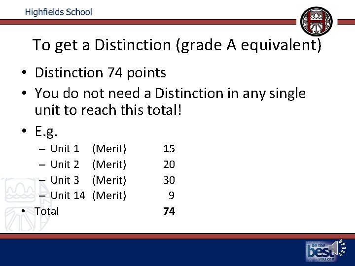 To get a Distinction (grade A equivalent) • Distinction 74 points • You do