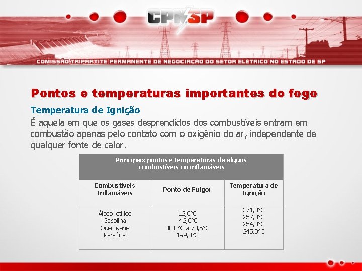 Pontos e temperaturas importantes do fogo Temperatura de Ignição É aquela em que os