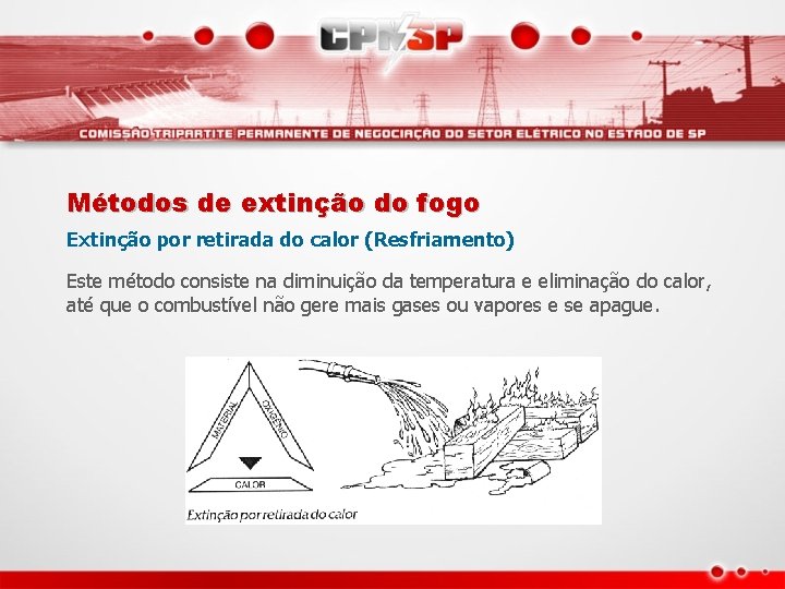 Métodos de extinção do fogo Extinção por retirada do calor (Resfriamento) Este método consiste