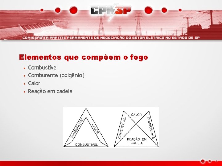 Elementos que compõem o fogo • • Combustível Comburente (oxigênio) Calor Reação em cadeia