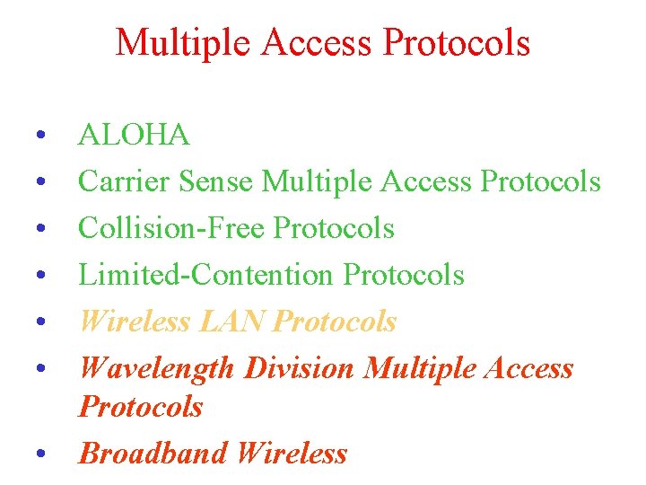 Multiple Access Protocols • • • ALOHA Carrier Sense Multiple Access Protocols Collision-Free Protocols